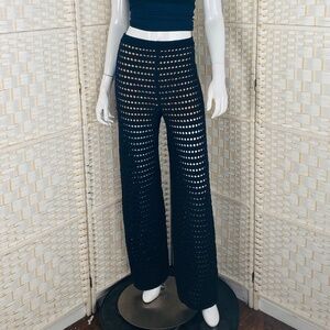 NWT, St. John Womens Black Open Work High Waisted Wide Leg Knit Pants, L.